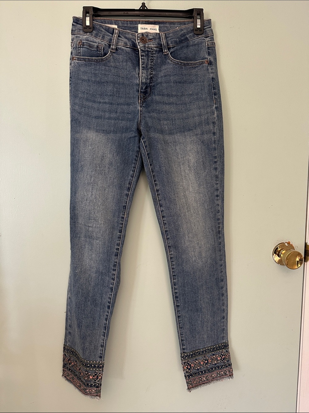 Tribal Distressed Light Blue Skinny Jeans with Embroidered Hem